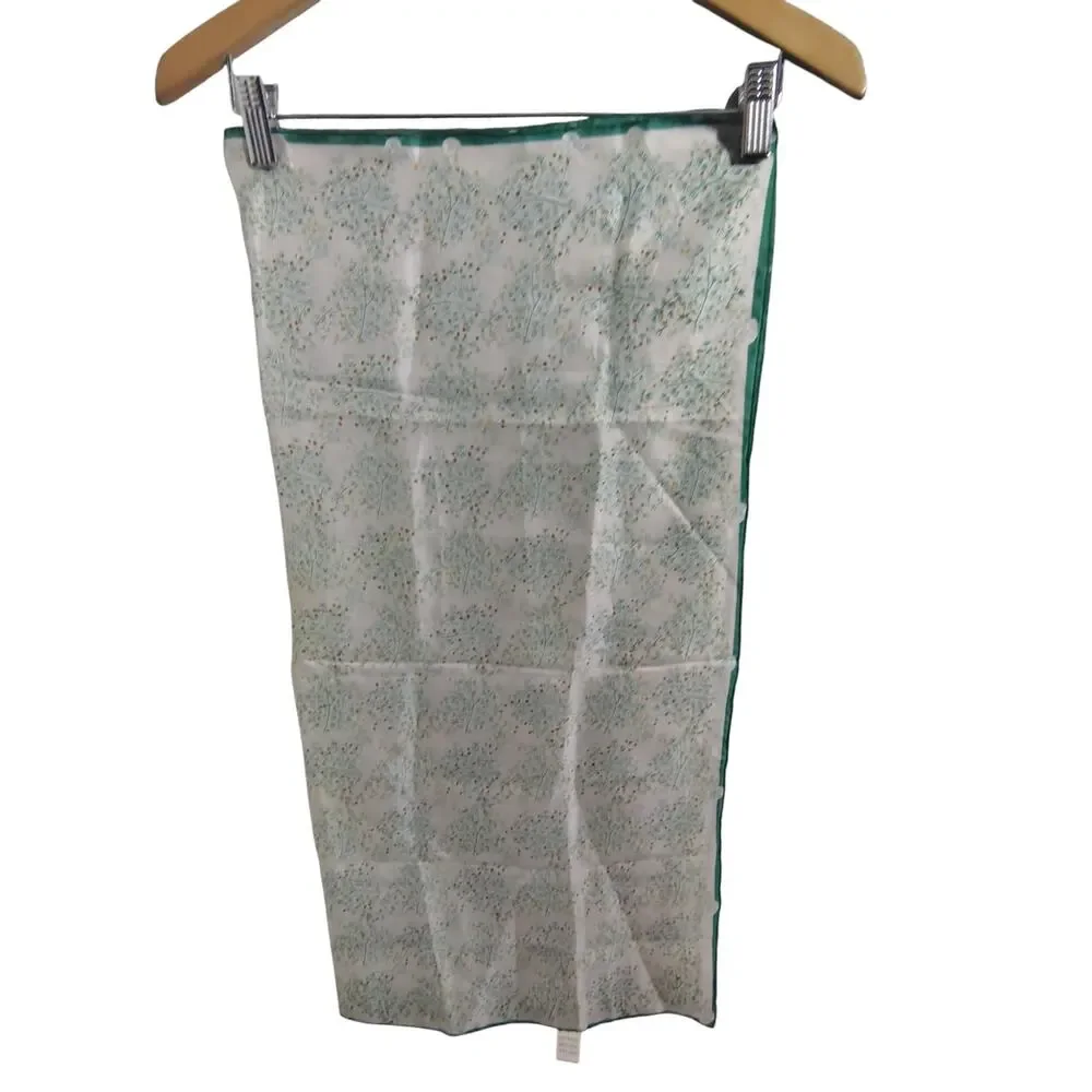 Happiness Pure Silk Scarf Hand Sewn Floral Green White Lightweight Square Scarf